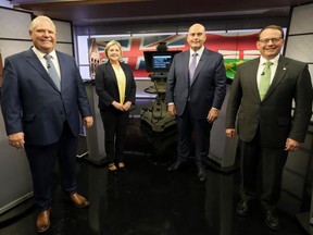 Ontario parties pledge different approaches to clustering of cannabis shops - Toronto Sun 3 Ontario Progressive Conservative Party Leader Doug Ford, left to right, Ontario New Democratic Party Leader Andrea Horwath, Ontario Liberal Party Leader Steven Del Duca and Green Party of Ontario Leader Mike Schreiner pose for a photo ahead of the Ontario party leaders' debate, in Toronto, Monday, May 16, 2022.