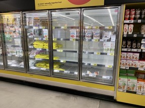 Empty shelves in a grocery store in Toronto, Jan. 22, 2021.