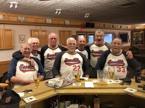 The Esso B’s celebrated a rare win on Aug. 9, 2018, heading to the St. Albert Legion for beer and nachos. Team members on hand that night were, left to right, Malcolm Parker, Bob Stewart, Cam Kaplar, Don Anderson, Al McGee, Rob Edmunds and Scott Doak.