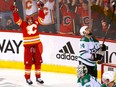 Calgary Flames Johnny Gaudreau scores on Dallas Stars Goalie Jake Oettinger in overtime action to win game seven of the Western Conference finals at the Scotiabank Saddledome in Calgary