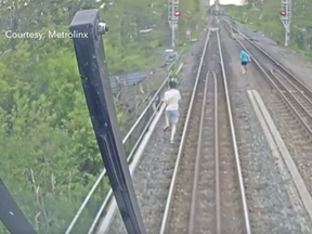 A screenshot from video released by Metrolinx of young people dodging a GO Transit train on May 20, 2022 in Etobicoke.