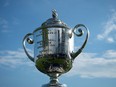 May 16, 2019; Bethpage, NY, USA; The PGA Championship trophy at the first tee during the first round of the PGA Championship golf tournament at Bethpage State Park - Black Course.