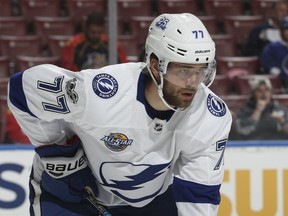 ampa Bay Lightning defenseman Victor Hedman (77) prepares for a face-off against the Florida Panthers during the first period of an NHL preseason hockey game