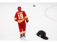 May 18, 2022; Calgary, Alberta, CAN; Calgary Flames left wing Matthew Tkachuk (19) after scoring a goal against the Edmonton Oilers during the third period in game one of the second round of the 2022 Stanley Cup Playoffs at Scotiabank Saddledome.