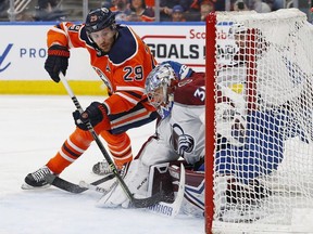 Apr 22, 2022; Edmonton, Alberta, CAN; Colorado Avalanche goaltender Darcy Kuemper (35) makes a save on Edmonton Oilers forward Leon Draisaitl (29) during the third period at Rogers Place.