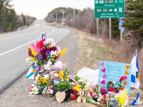 A memorial remembering Lillian Hyslop is seen along the road in Wentworth, N.S. on Friday, April 24, 2020.