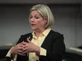 Ontario NDP Leader Andrea Horwath answers a question from the media, during a campaign stop in Brampton on Wednesday, May 11, 2022. Ontario's New Democrats say they won't make truckers pony up if they drive on a private toll highway in the Toronto area, if the party is elected in June.