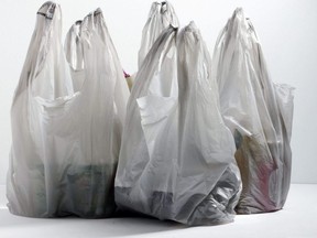 Plastic shopping bags used to carry groceries.