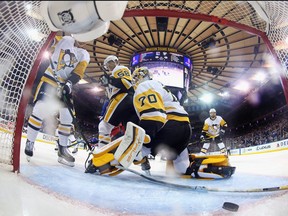 A first period shot from Andrew Copp of the New York Rangers gets past Louis Domingue of the Pittsburgh Penguins in Game 2 of the First Round of the 2022 Stanley Cup Playoffs at Madison Square Garden on May 5, 2022 in New York City.
