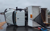A truck on its side on Hwy. 400 in the northbound lanes between Aurora and King Rds. after it was cutoff by a vehicle on May 16, 2022.