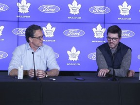 Brendan Shanahan and Kyle Dubas during the end of season press conference on Tuesday May 17, 2022.