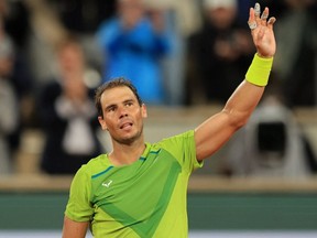Tennis - French Open - Roland Garros, Paris, France - May 25, 2022
Spain's Rafael Nadal celebrates winning his second round match against France's Corentin Moutet