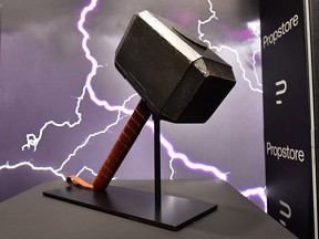 The Stunt Mjolnir Hammer used by Australian actor Chris Helmsworth in the 2011 film "Thor" is displayed at Propstore on May 9, 2022 in Valencia, California before auction next month.
