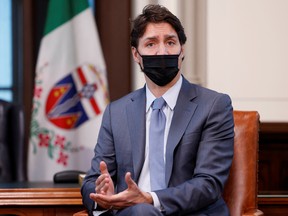 Prime Minister Justin Trudeau speaks during a meeting with Yukon's Premier Sandy Silver on Parliament Hill in Ottawa May 13, 2022.