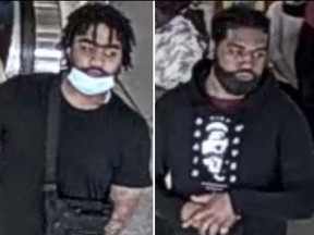 Images released by Toronto Police of two men wanted in a stabbing at Main St. subway station on Friday, May 13, 2022.
