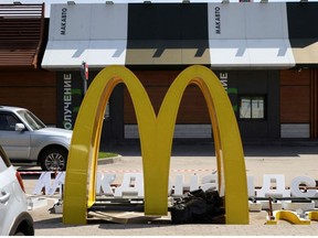 A view shows the dismantled McDonald's Golden Arches after the logo signage was removed from a drive-through restaurant of McDonald's in Khimki outside Moscow, Russia May 23, 2022.