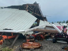 A severe storm collapsed a barn near Salem rd. and Eighth Concession in Claremont.