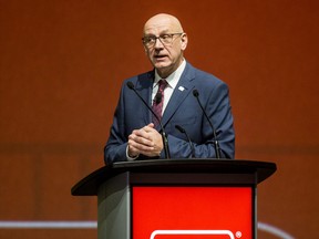 Federated Co-op CEO Scott Banda speaks at the company's AGM in Saskatoon on Monday, March 2, 2020. Banda has been named as the new chair of the CFL's board of directors.