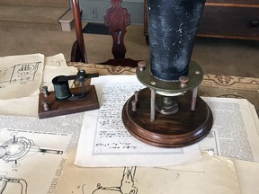 On Alexander Graham Bell’s desk in his bedroom at the Bell Homestead National Historic Site is the liquid transmitter and harmonic telegraph receiver used in the first electrical transmission of speech.