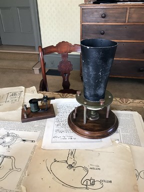 On Alexander Graham Bell’s desk in his bedroom at the Bell Homestead National Historic Site is the liquid transmitter and harmonic telegraph receiver used in the first electrical transmission of speech. POSTMEDIA FILES