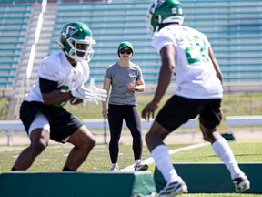 Saskatchewan Roughriders running backs coach Amanda Ruller is busy at work on day two of Saskatchewan Roughriders rookie training camp at Griffiths Stadium. She is the first female coach to attend training camp with the Riders. Photo taken in Saskatoon, Sask. on Thursday May 12, 2022.