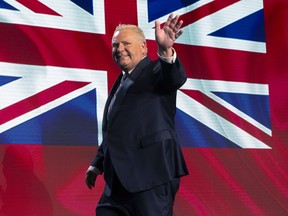 Ontario Premier Doug Ford leaves a news conference in Toronto, on Friday, June 3, 2022, after winning the provincial election.