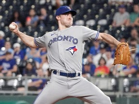 Toronto Blue Jays starting pitcher Ross Stripling delivers a pitch against the Kansas City Royals in the first inning at Kauffman Stadium on June 6, 2022.