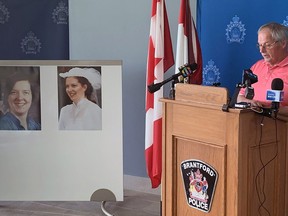 Larry Hammond speaks at a news conference Wednesday where Brantford police announced they have identified a suspect in the 1983 disappearance of his then wife, Mary Hammond.