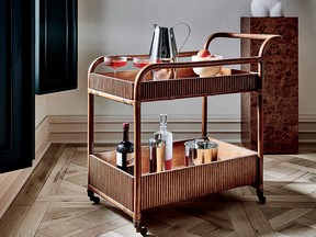 Portable and stylish, a wheeled bar cart allows the party to travel from 
room to room.