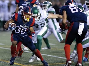 Montreal Alouettes wide receiver Chandler Worthy (30) is chased by Saskatchewan Roughriders wide receiver Jake Harty (83) during CFL action in Montreal on Thursday, June 23, 2022.