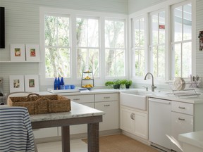 Period dishware is among the hallmarks of the cottagecore style. The walls in this kitchen are painted in Mint Chocolate Chip 436. BENJAMIN MOORE