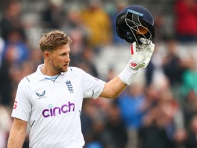 England's Joe Root gestures as he walks off the pitch after England won the first cricket Test match between England and New Zealand at Lord's cricket ground in London on June 5, 2022.