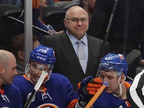 Barry Trotz of the New York Islanders handles bench duties against the Buffalo Sabres at NYCB Live's Nassau Coliseum on March 30, 2019 in Uniondale, New York.