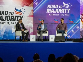 (Left to Right) Timothy Head, executive director of the Faith & Freedom Coalition talks with Seth Dillon, CEO, of the Babylon Bee and Kyle Mann, editor and chief on the last day of the annual "Road To Majority Policy Conference" held by the Faith & Freedom Coalition at the Gaylord Opryland Resort & Convention Center June 18, 2022 in Nashville, Tennessee.