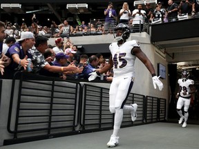 Jaylon Ferguson of the Baltimore Ravens takes the field ahead of the game against the Las Vegas Raiders at Allegiant Stadium on September 13, 2021 in Las Vegas, Nevada.