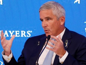 PGA TOUR Commissioner Jay Monahan speaks to the media during a press conference prior to THE PLAYERS Championship on the Stadium Course at TPC Sawgrass on March 08, 2022 in Ponte Vedra Beach, Florida.