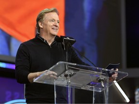 NFL Commission Roger Goodell speaks during round four of the 2022 NFL Draft  on April 30, 2022 in Las Vegas, Nevada.