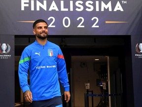 Lorenzo Insigne of Italy enters the pitch to warm up prior to the Italy Training Session at Wembley Stadium on May 31, 2022 in London, England.