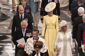 Prince William, Duke of Cambridge, Catherine, Duchess of Cambridge, Prince Charles, Prince of Wales and Camilla, Duchess of Cornwall depart the National Service of Thanksgiving at St. Paul’s Cathedral on June 3, 2022 in London.