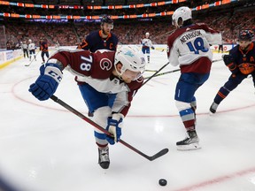 Nico Sturm of the Colorado Avalanche skates against the Edmonton Oilers in the third period in Game Three of the Western Conference Final of the 2022 Stanley Cup Playoffs at Rogers Place on June 04, 2022 in Edmonton, Alberta.