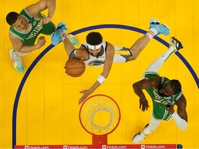 Klay Thompson of the Golden State Warriors shoots during the first half against the Boston Celtics in Game Two of the 2022 NBA Finals at Chase Center on June 05, 2022 in San Francisco, California.