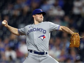 Starting pitcher Ross Stripling of the Toronto Blue Jays pitches during the 1st inning of the game against the Kansas City Royals at Kauffman Stadium on June 06, 2022 in Kansas City, Missouri.