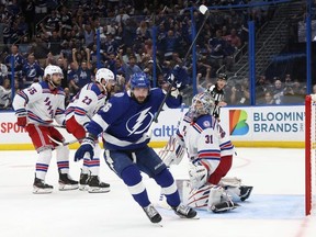 Nikita Kucherov of the Tampa Bay Lightning celebrates after scoring a goal on Igor Shesterkin of the New York Rangers during the second period in Game Four of the Eastern Conference Final of the 2022 Stanley Cup Playoffs at Amalie Arena on June 07, 2022 in Tampa, Florida.