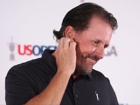 Phil Mickelson of the United States speaks to the media during a press conference prior to the 2022 U.S. Open at The Country Club on Monday.