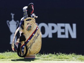A detailed view of a golf bag belonging to Taylor Montgomery of the United States as it sits on the 18th green during a practice round prior to the US Open at The Country Club on June 14, 2022 in Brookline, Massachusetts.