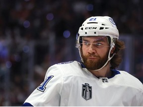 Brayden Point of the Tampa Bay Lightning looks on during the first period against the Colorado Avalanche in Game One of the 2022 Stanley Cup Final at Ball Arena on June 15, 2022 in Denver, Colorado.
