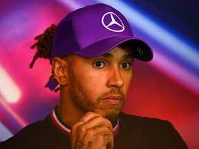 Third placed Lewis Hamilton of Great Britain and Mercedes attends the press conference after the F1 Grand Prix of Canada at Circuit Gilles Villeneuve on June 19, 2022 in Montreal, Quebec.