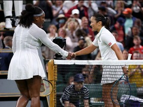 Harmony Tan of France (R) interacts with Serena Williams of The United States after winning their Women's Singles First Round Match on day two of The Championships Wimbledon 2022 at All England Lawn Tennis and Croquet Club on June 28, 2022 in London, England.