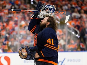 Edmonton Oilers' goaltender Mike Smith during second period of Game 4 of the NHL Western Conference Final action against the Colorado Avalanche at Rogers Place in Edmonton on Monday, June 6, 2022.