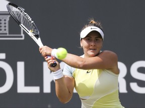 Canada's Bianca Andreescu returns a ball to Italy's Martina Trevisan during the WTA Tour singles match in Bad Homburg, Germany, Tuesday June 21, 2022. Canada's Bianca Andreescu defeated Britain's Katie Swan 6-4, 6-4 on Wednesday at the Bad Homburg Open grass-court tennis tournament.(Joaquim Ferreira/)